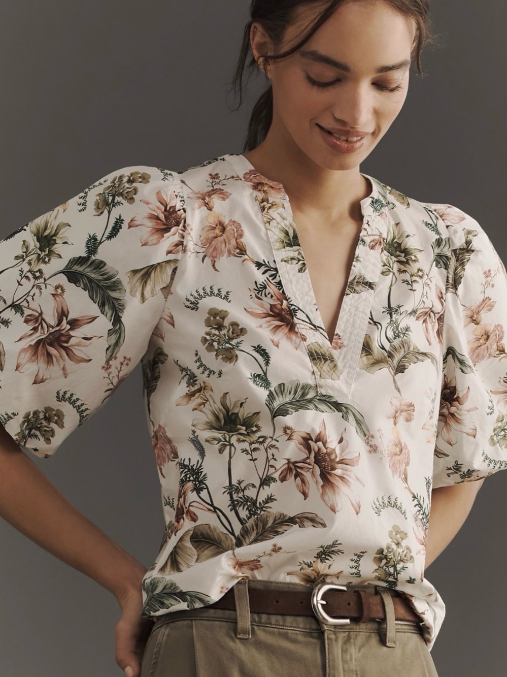 Anthropologie Cream Floral Split-Neck Puff Sleeve Blouse
